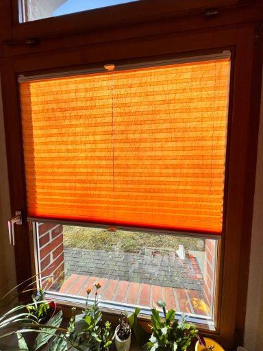Orange Plissees am Fenster mit Pflanzen im Vordergrund und einem Steinboden im Hintergrund.