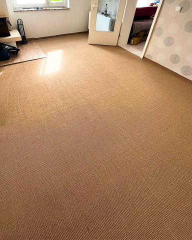 Raum mit beige Teppichboden, heller Wandfarbe und Tür im Hintergrund.